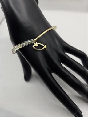 Retired Gold Tone Beaded Ichthus Jesus Fish Hook Bangle Bracelet